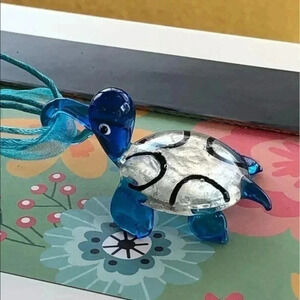 Aqua Teal Blue Murano Glass Turtle Tortoise Ribbon & Cord Necklace NWT